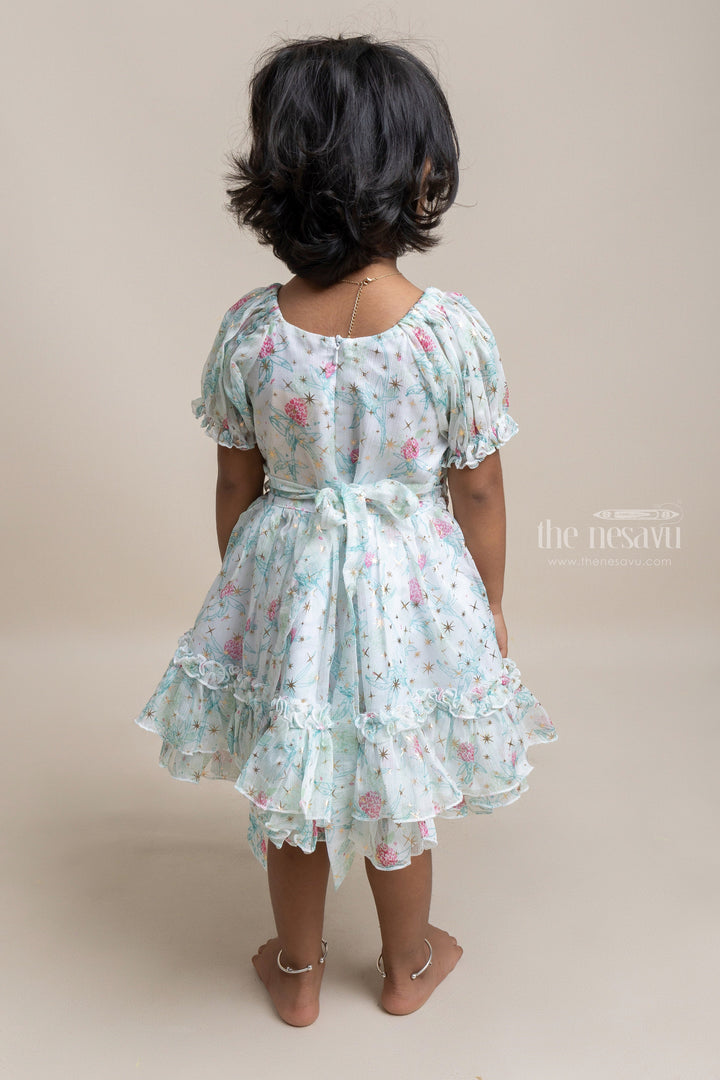 The Nesavu Baby Fancy Frock Eye-catching Green Floral Printed Ruffled Chiffon Frock for Baby girls Nesavu Floral Designed Baby Frock | New Arrivals For Baby girls | The Nesavu