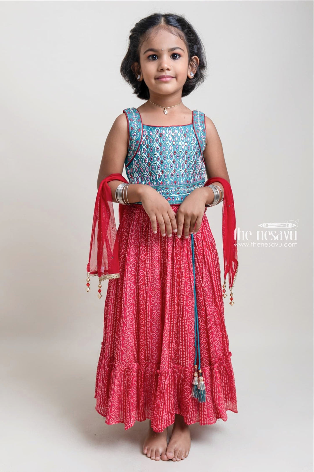 The Nesavu Lehenga & Ghagra Eye-catching Hand Embroidery Green Choli With Bandhini Printed Chiffon Lehenga For Girls Nesavu 16 (1Y) / Pink / Crepe GL318-16 Hand-crafted Designer Choli For Girls | Latest collection For Girls | The Nesavu