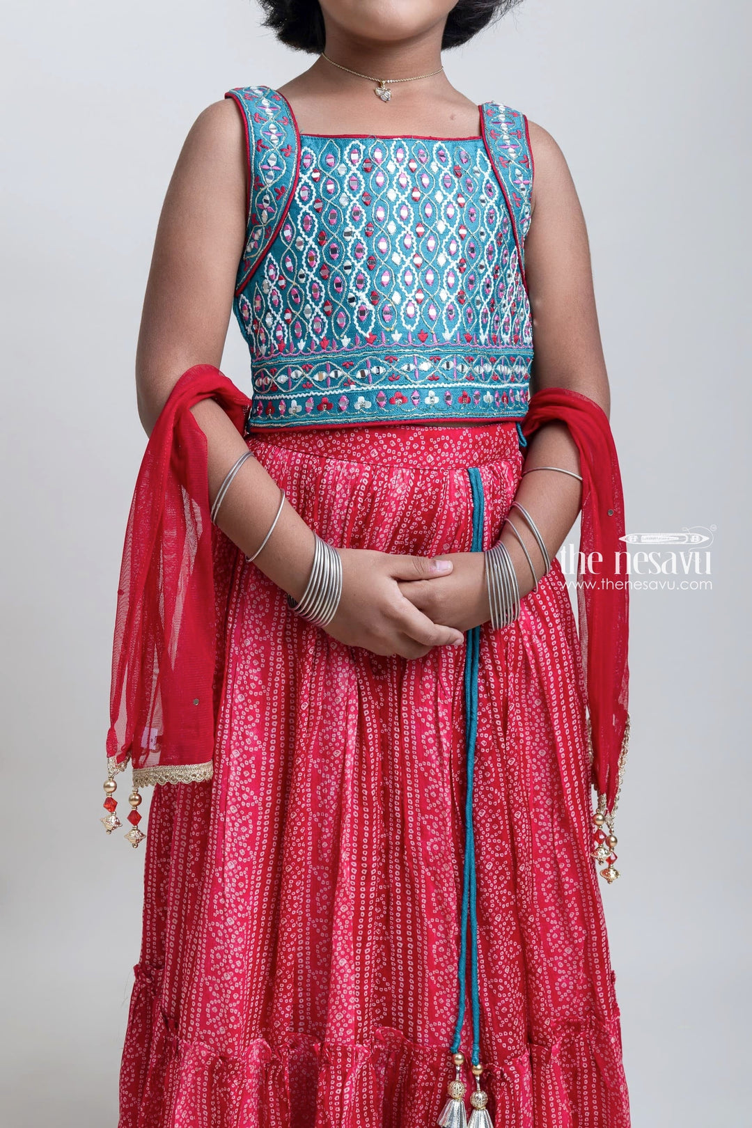 The Nesavu Lehenga & Ghagra Eye-catching Hand Embroidery Green Choli With Bandhini Printed Chiffon Lehenga For Girls Nesavu Hand-crafted Designer Choli For Girls | Latest collection For Girls | The Nesavu