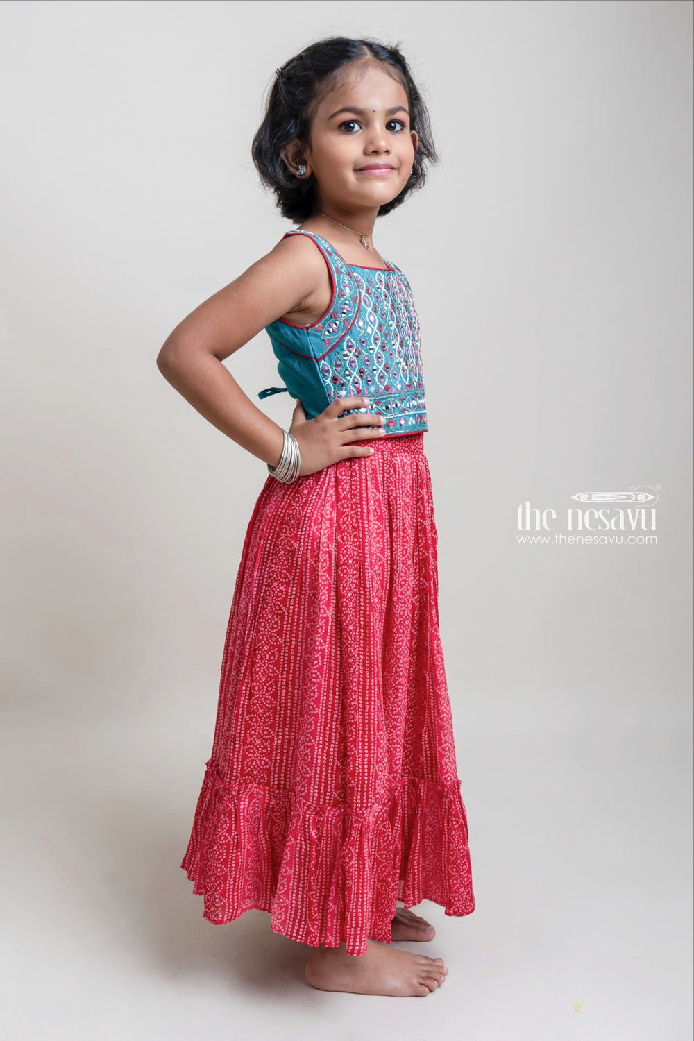 The Nesavu Lehenga & Ghagra Eye-catching Hand Embroidery Green Choli With Bandhini Printed Chiffon Lehenga For Girls Nesavu Hand-crafted Designer Choli For Girls | Latest collection For Girls | The Nesavu