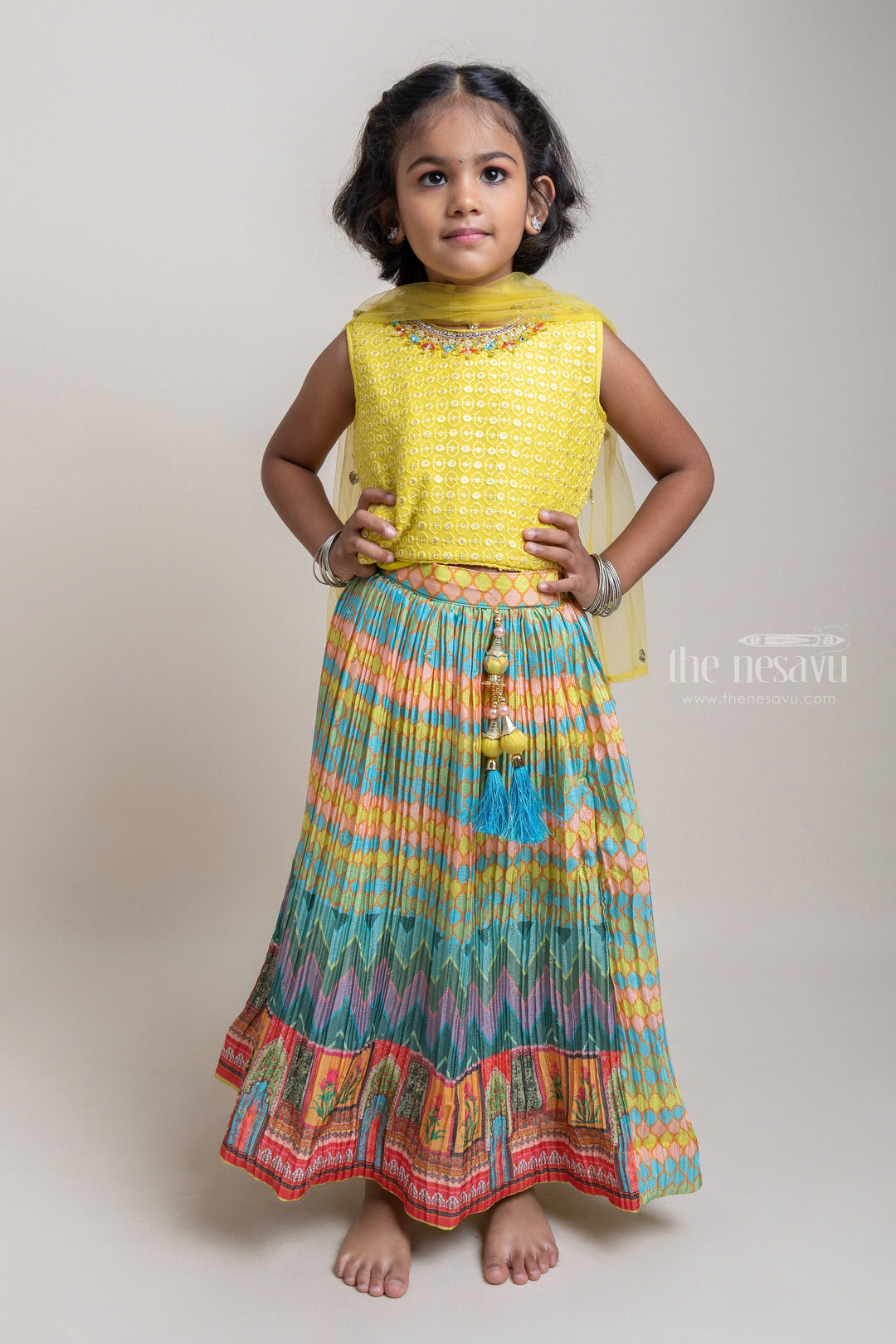 The Nesavu Lehenga & Ghagra Eye-catching Yellow Sleeveless Choli With Zig-Zag Printed Lehanga Set For Girls Nesavu 16 (1Y) / Yellow / Poly Silk GL330-16 Premium Printed Lehanga Choli For Girls | Top 5 Dresses For Girls | The Nesavu