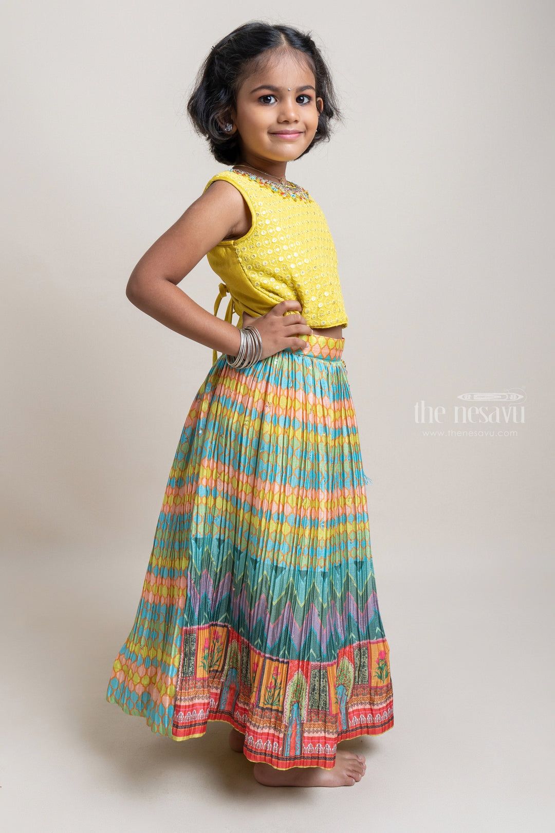The Nesavu Lehenga & Ghagra Eye-catching Yellow Sleeveless Choli With Zig-Zag Printed Lehanga Set For Girls Nesavu Premium Printed Lehanga Choli For Girls | Top 5 Dresses For Girls | The Nesavu