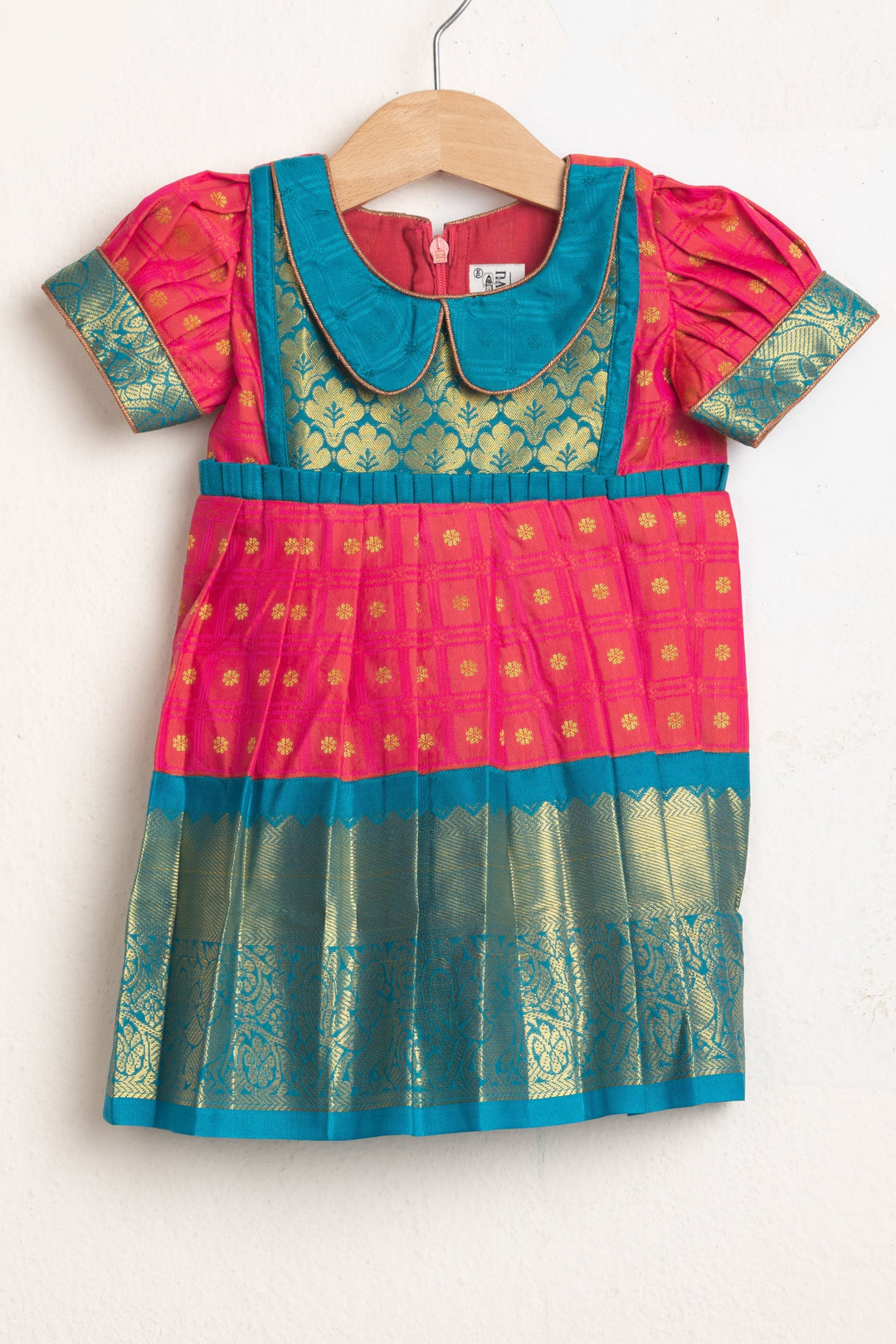 The Nesavu Girls Kanchi Silk Frock Fabric Embellished Blue Yoke And Butta Printed Pink Semi-Kanchi Pattu Frock Nesavu 14 (6M) / Pink / Kanchi Silk SF511A-14 Semi-Kanchi Silk Frocks For Girls| Best Collection| The Nesavu