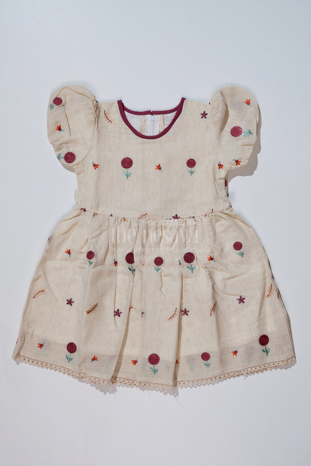 The Nesavu Girls Cotton Frock Fancy Birthday Dresses for Girls in Pure Cotton Flax with Floral Embroidery Nesavu 20 (3Y) / Cream GFC1620A-20 Nesavu Fancy Birthday Dresses Girls Pure Cotton Flax Floral Embroidery