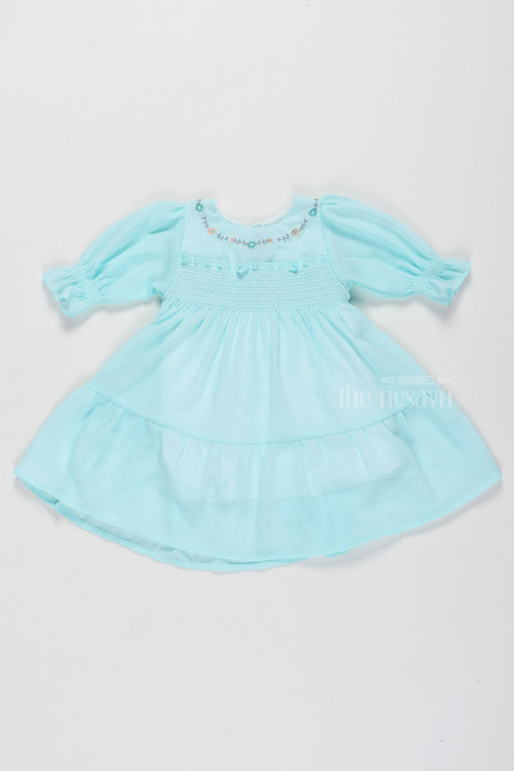 The Nesavu Girls Fancy Frock Fancy Birthday Outfits for Girls in Aqua Blue with Elegant Smocked Design Nesavu 16 (1Y) / Blue GFC1499C-16 Nesavu Fancy Birthday Outfits Girls Aqua Blue Smocked Detailing Floral Embroidery