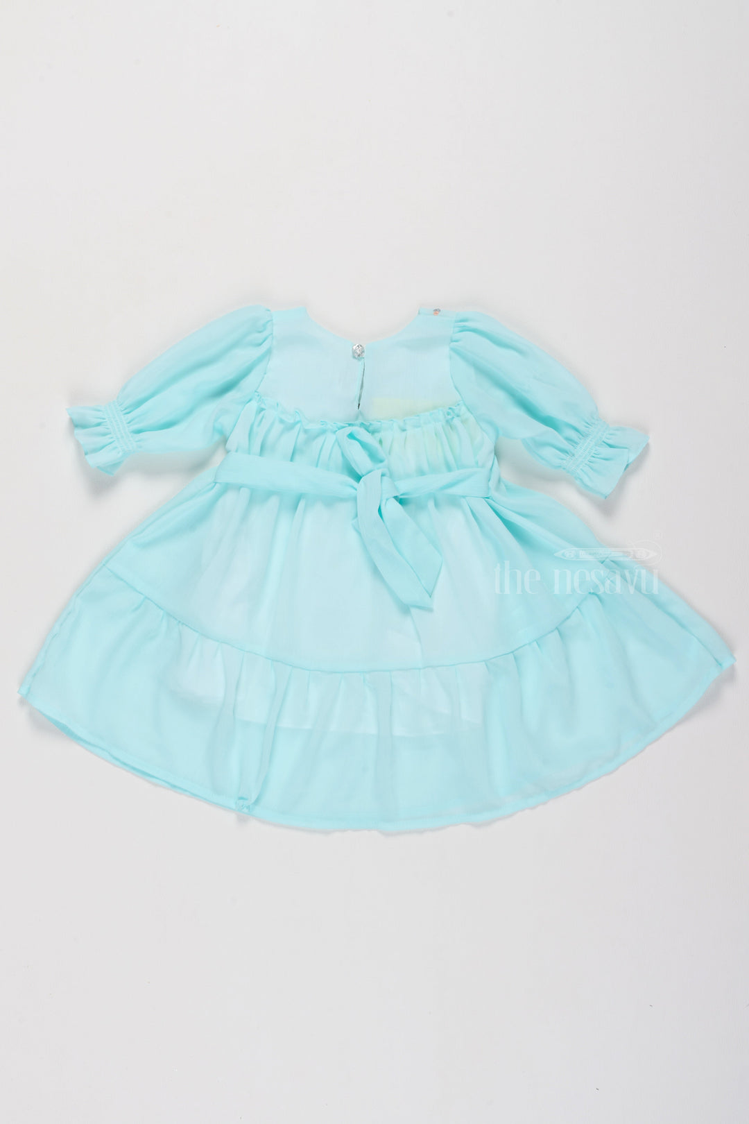 The Nesavu Girls Fancy Frock Fancy Birthday Outfits for Girls in Aqua Blue with Elegant Smocked Design Nesavu Nesavu Fancy Birthday Outfits Girls Aqua Blue Smocked Detailing Floral Embroidery