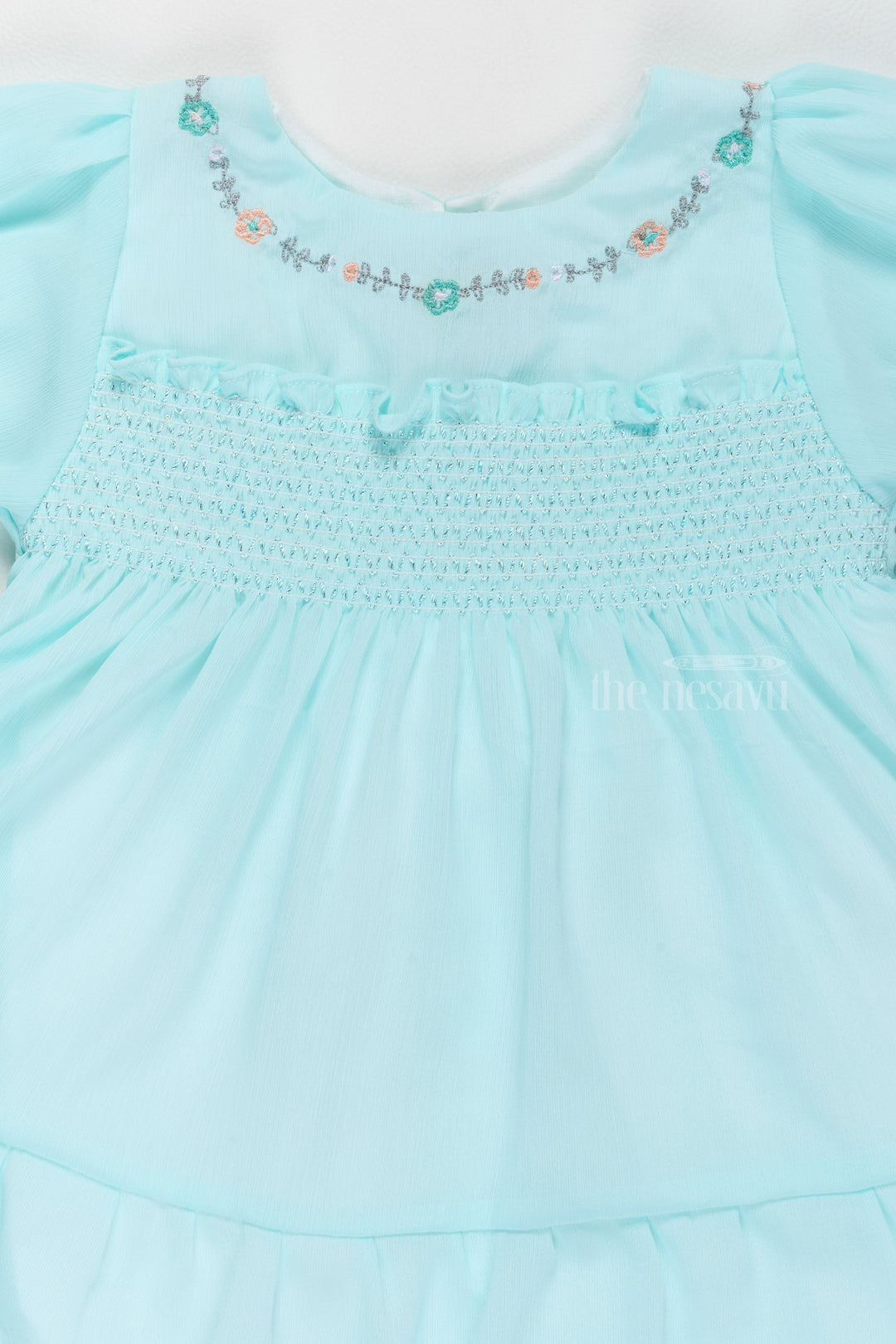 The Nesavu Girls Fancy Frock Fancy Birthday Outfits for Girls in Aqua Blue with Elegant Smocked Design Nesavu Nesavu Fancy Birthday Outfits Girls Aqua Blue Smocked Detailing Floral Embroidery