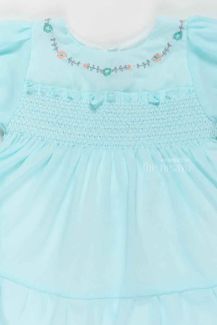 The Nesavu Girls Fancy Frock Fancy Birthday Outfits for Girls in Aqua Blue with Elegant Smocked Design Nesavu Nesavu Fancy Birthday Outfits Girls Aqua Blue Smocked Detailing Floral Embroidery