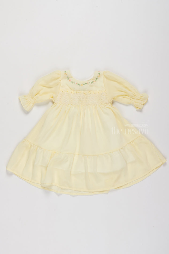 The Nesavu Girls Fancy Frock Fancy Casual Outfits for Girls in Soft Yellow with Floral Embroidery Nesavu 16 (1Y) / Yellow GFC1499A-16 Nesavu Fancy Casual Outfits Girls Floral Embroidery Smocked Bodice