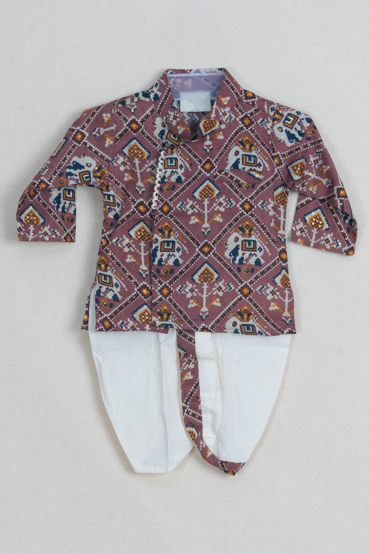 The Nesavu Boys Dothi Set Fancy Elephant Printed Brown Boys Cotton Kurta With White Panchakacham Nesavu 10 (NB) / Brown / Glazed Cotton BES328A-10 Premium Kurta Collection For Boys | Kurta With Dhoti | The Nesavu