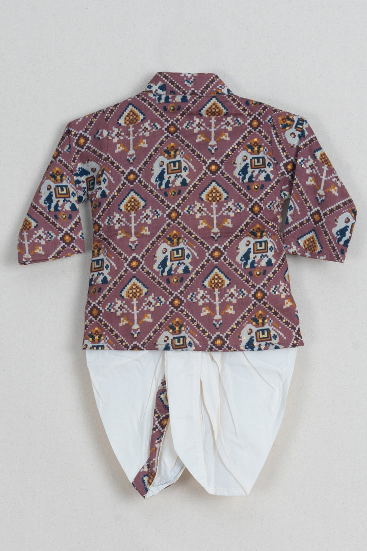 The Nesavu Boys Dothi Set Fancy Elephant Printed Brown Boys Cotton Kurta With White Panchakacham Nesavu Premium Kurta Collection For Boys | Kurta With Dhoti | The Nesavu