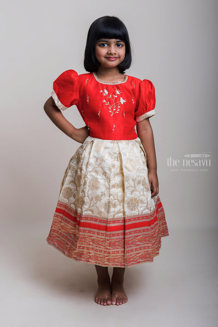The Nesavu Silk Party Frock Fancy Embroidery Orange Yoke And White Silk Frocks With Zari Border For Girls Nesavu 16 (1Y) / White SF487A-16 White And Pink Silk Frocks For Girls| Sankranti Special Arrival| The Nesavu
