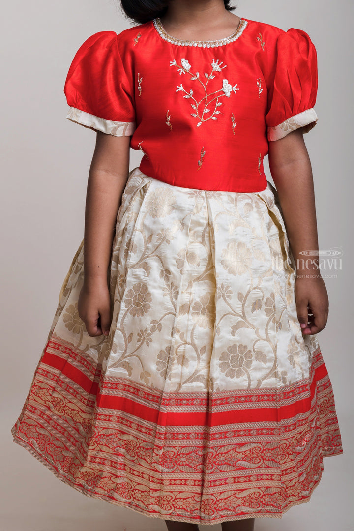 The Nesavu Silk Party Frock Fancy Embroidery Orange Yoke And White Silk Frocks With Zari Border For Girls Nesavu White And Pink Silk Frocks For Girls| Sankranti Special Arrival| The Nesavu