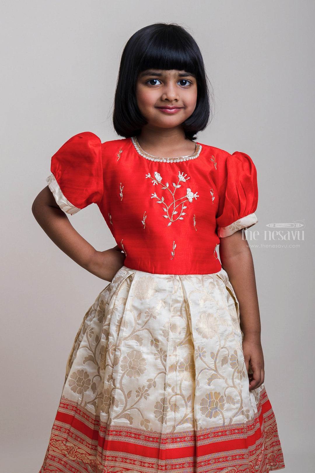 The Nesavu Silk Party Frock Fancy Embroidery Orange Yoke And White Silk Frocks With Zari Border For Girls Nesavu White And Pink Silk Frocks For Girls| Sankranti Special Arrival| The Nesavu