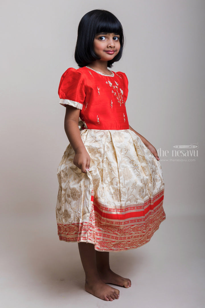 The Nesavu Silk Party Frock Fancy Embroidery Orange Yoke And White Silk Frocks With Zari Border For Girls Nesavu White And Pink Silk Frocks For Girls| Sankranti Special Arrival| The Nesavu