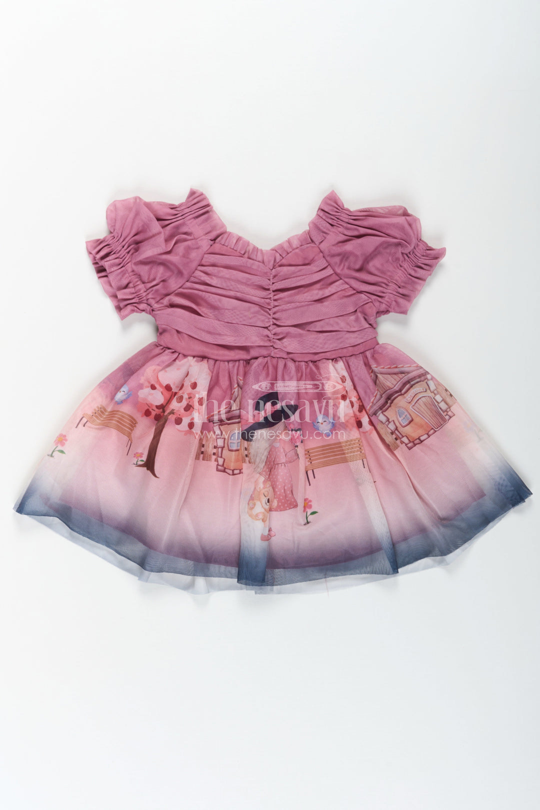 The Nesavu Baby Fancy Frock Fancy Frock for Baby Girl in Mauve Georgette with Printed Skirt and Gathered Sleeves Nesavu 14 (6M) / Pink BFJ767A-14 Nesavu Fancy Frock Baby Girl Mauve Georgette Digital Printed Skirt