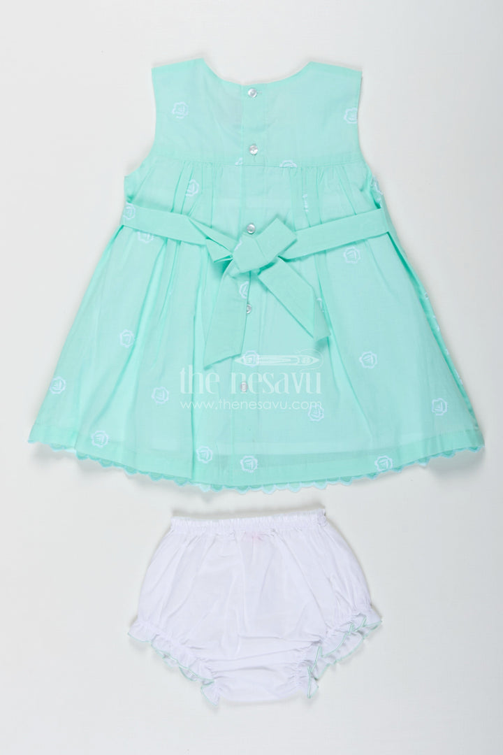 The Nesavu Baby Cotton Frocks Fancy Frock Suit for Baby Girls in Light Green Cotton Hakoba Embroidery with Bloomers Nesavu Nesavu Fancy Frock Suit Baby Girls Green Cotton Hakoba Bow Matching Bloomers