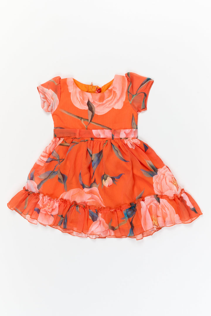 The Nesavu Girls Fancy Frock Fancy Girls Georgette Frock with Floral Digital Print for Birthdays and Events Nesavu 20 (3Y) / Orange / Georgette GFC2113A-20 Nesavu fancy georgette frock with floral print – ideal for birthdays and special celebrations