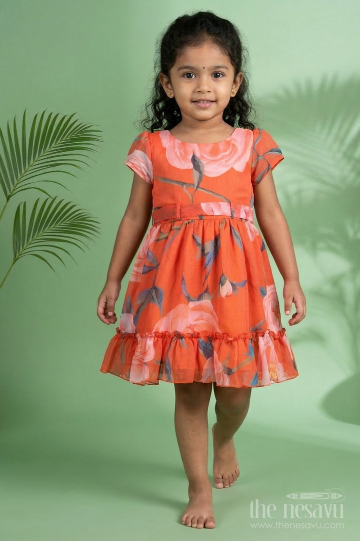 The Nesavu Girls Fancy Frock Fancy Girls Georgette Frock with Floral Digital Print for Birthdays and Events Nesavu 20 (3Y) / Orange / Georgette GFC2113A-20 Nesavu fancy georgette frock with floral print – ideal for birthdays and special celebrations