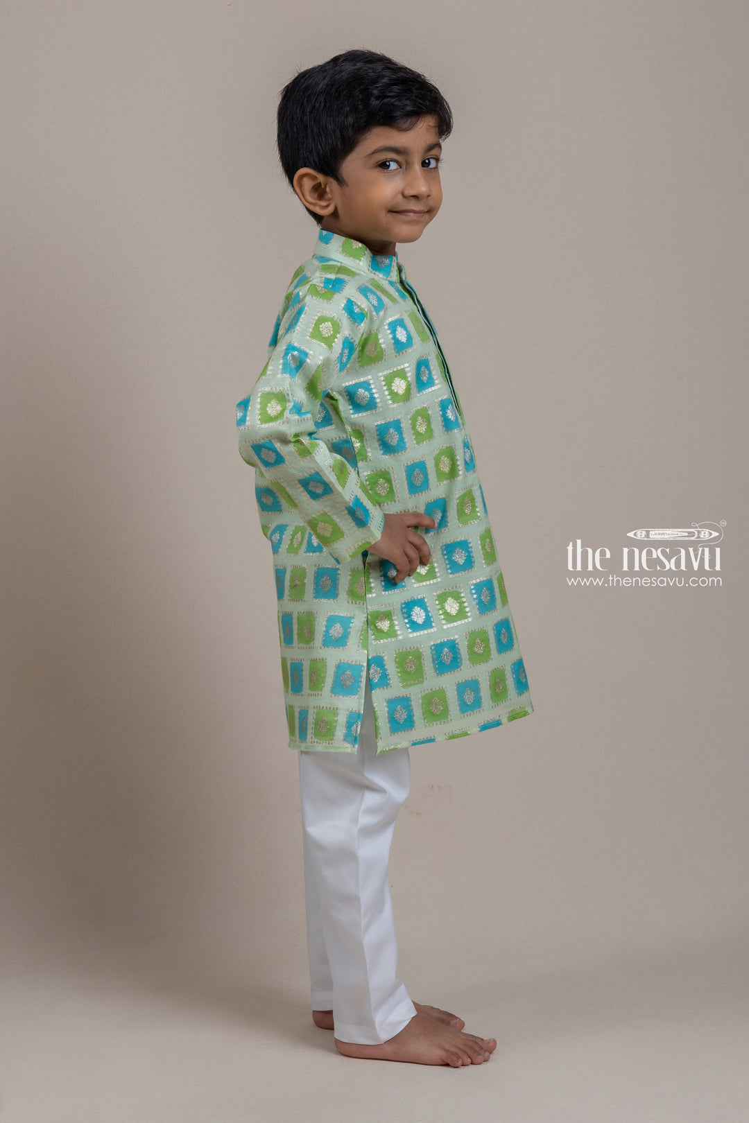 The Nesavu Boys Kurtha Set Fancy Green butta Designer Boys Kurta With White pant Nesavu Premium Kurta Collection For Boys | Kurta With Dhoti | The Nesavu