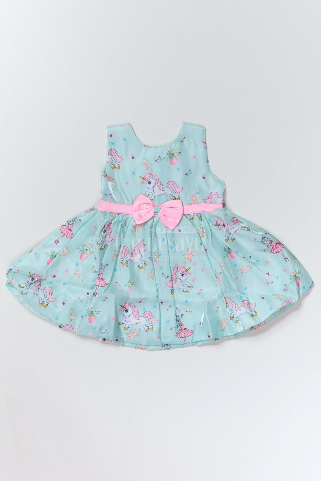 The Nesavu Baby Fancy Frock Fancy Party Wear for Baby Girls in Glaza Satin Organza with Unicorn Print and Bow Detail Nesavu 14 (6M) / Green BFJ723A-14 Nesavu Fancy Party Wear Baby Girls Glaza Satin Organza Unicorn Print Bow Detail