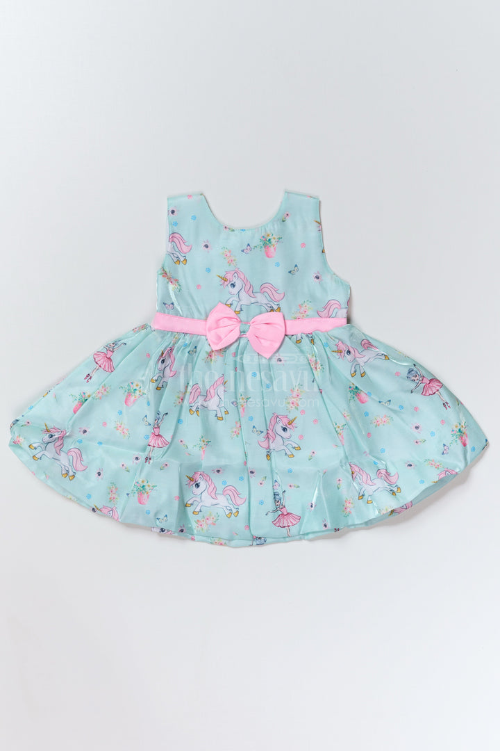 The Nesavu Baby Fancy Frock Fancy Party Wear for Baby Girls in Glaza Satin Organza with Unicorn Print and Bow Detail Nesavu 14 (6M) / Green BFJ723A-14 Nesavu Fancy Party Wear Baby Girls Glaza Satin Organza Unicorn Print Bow Detail