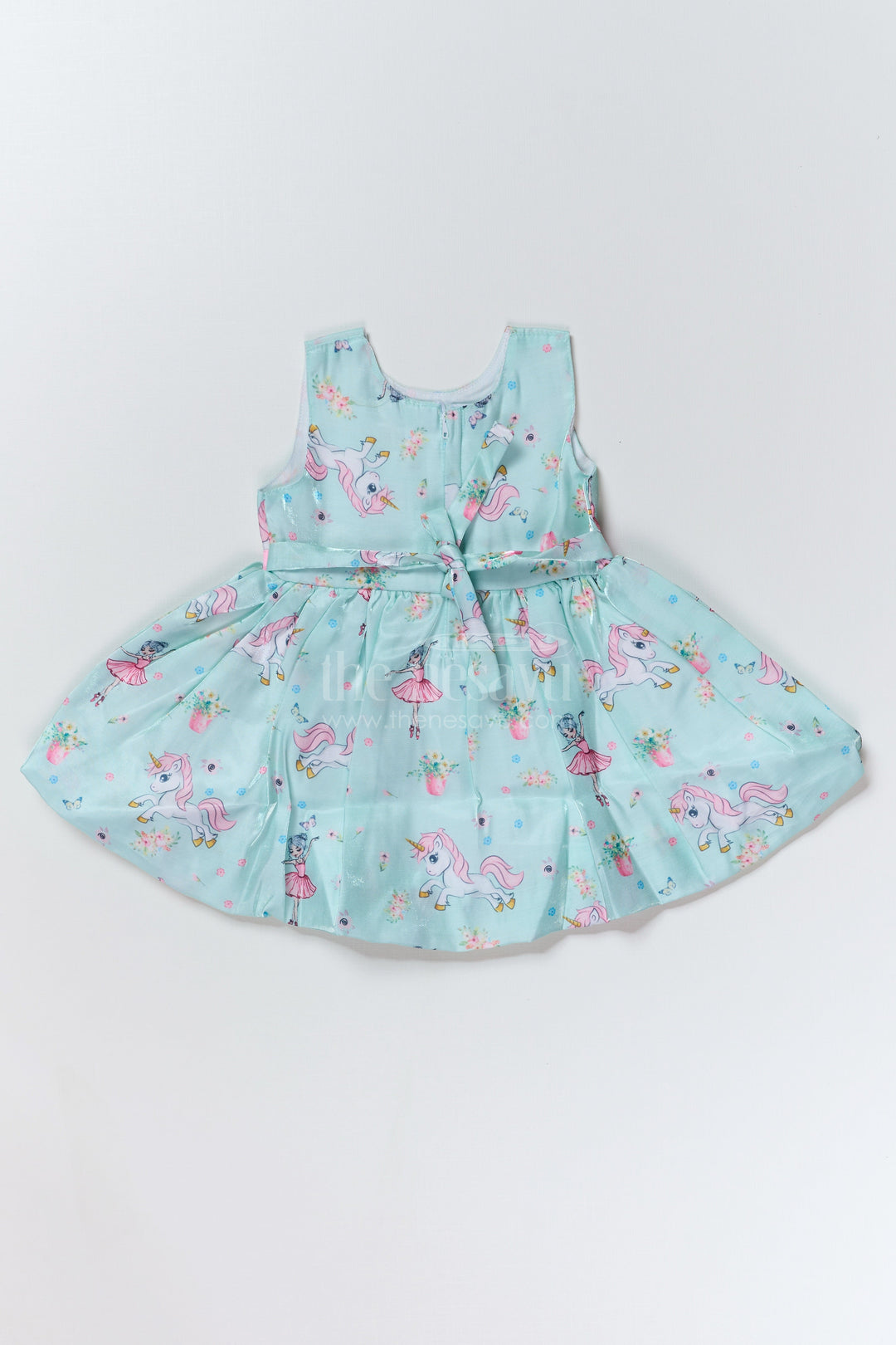 The Nesavu Baby Fancy Frock Fancy Party Wear for Baby Girls in Glaza Satin Organza with Unicorn Print and Bow Detail Nesavu Nesavu Fancy Party Wear Baby Girls Glaza Satin Organza Unicorn Print Bow Detail