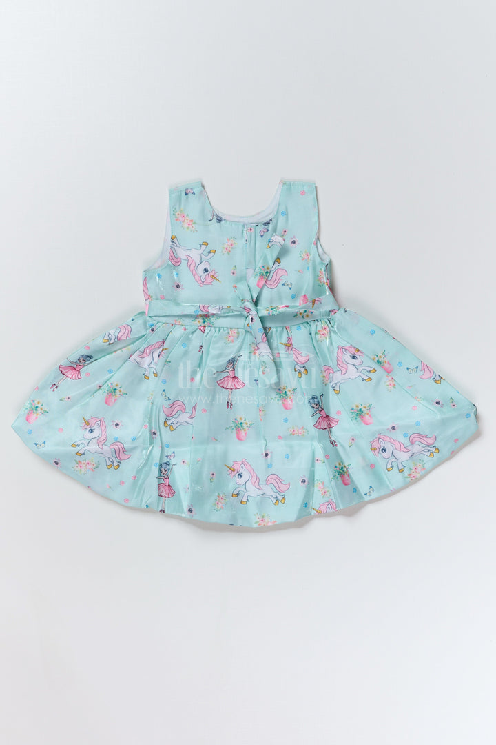 The Nesavu Baby Fancy Frock Fancy Party Wear for Baby Girls in Glaza Satin Organza with Unicorn Print and Bow Detail Nesavu Nesavu Fancy Party Wear Baby Girls Glaza Satin Organza Unicorn Print Bow Detail