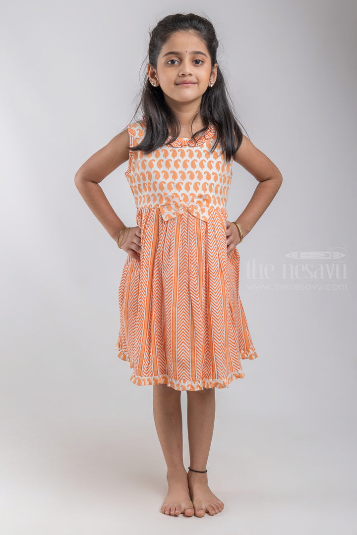 The Nesavu Girls Cotton Frock Fancy Soft Cotton Readymade Frock For Baby Girls With Ruffles And Bow psr silks Nesavu 12 (3M) / Salmon / Cotton GFC705