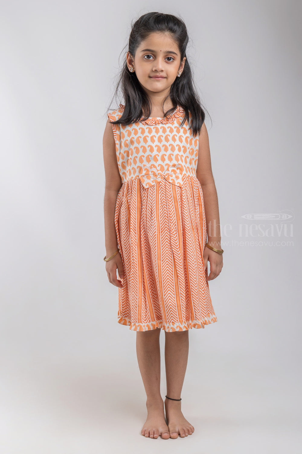 The Nesavu Girls Cotton Frock Fancy Soft Cotton Readymade Frock For Baby Girls With Ruffles And Bow psr silks Nesavu