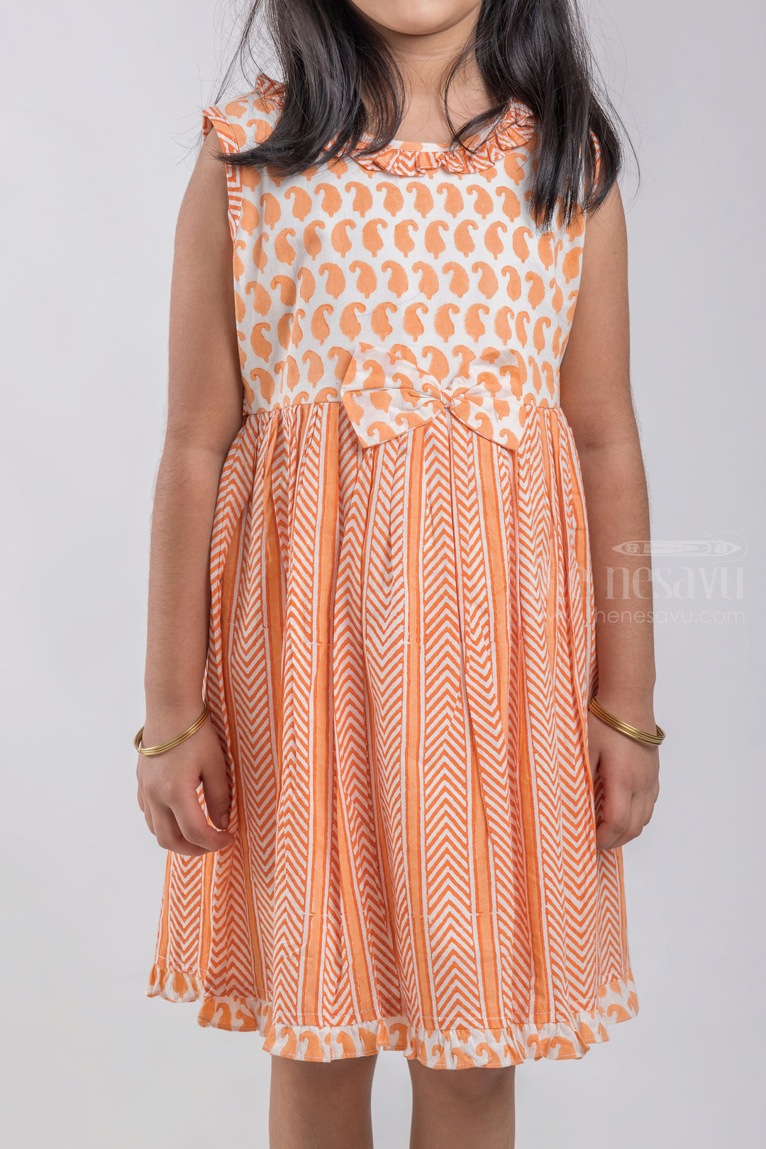 The Nesavu Girls Cotton Frock Fancy Soft Cotton Readymade Frock For Baby Girls With Ruffles And Bow psr silks Nesavu