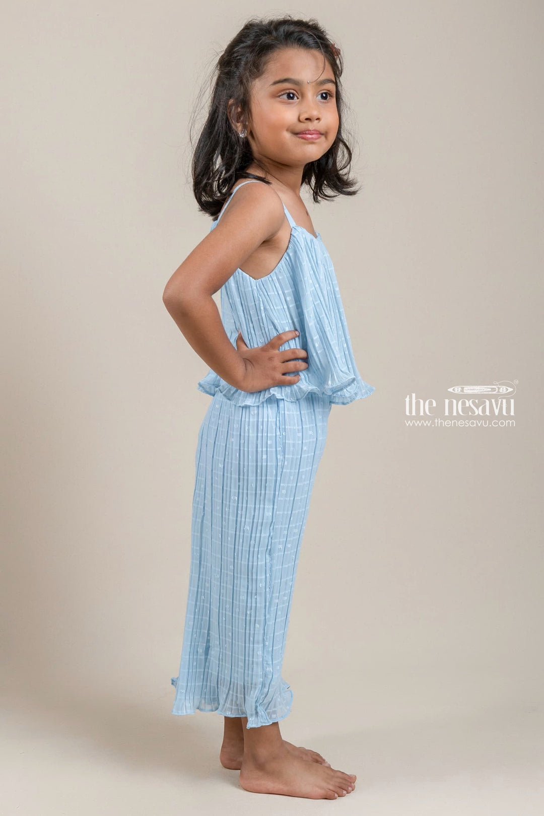 The Nesavu Girls Jumpsuit Fantastic Blue Ruffled Skirt And Palazzo Suit For Girls Nesavu Kurti With Palazzo Suit For Girls | Kurti Online | The Nesavu