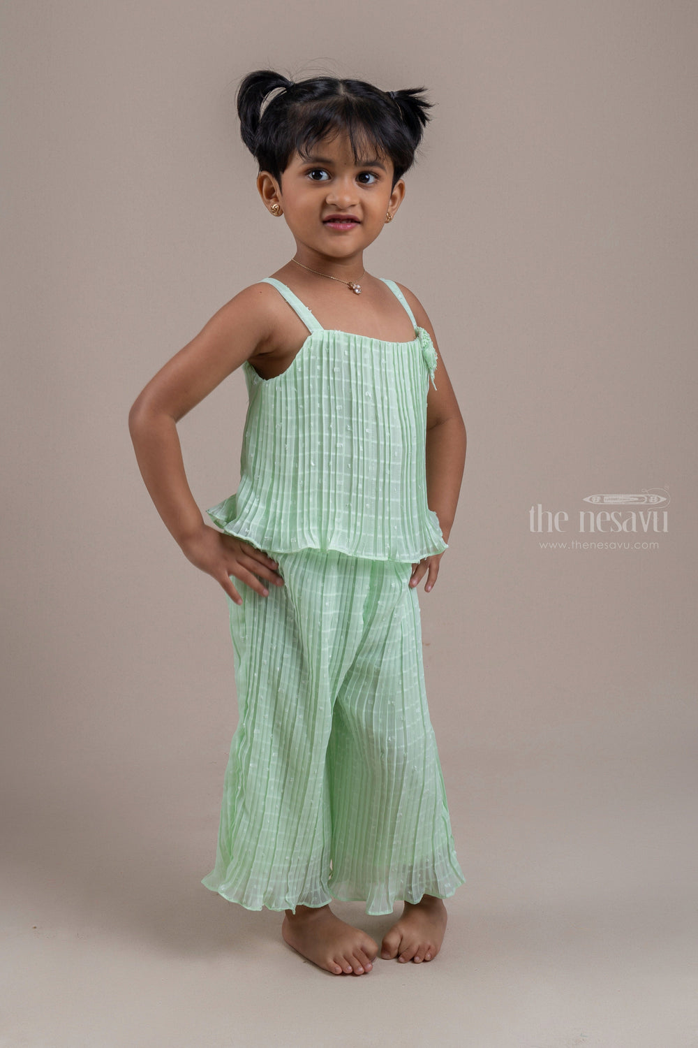 The Nesavu Sets & Suits Fantastic Lite Green Ruffled Skirt And Palazzo Suit For Girls psr silks Nesavu