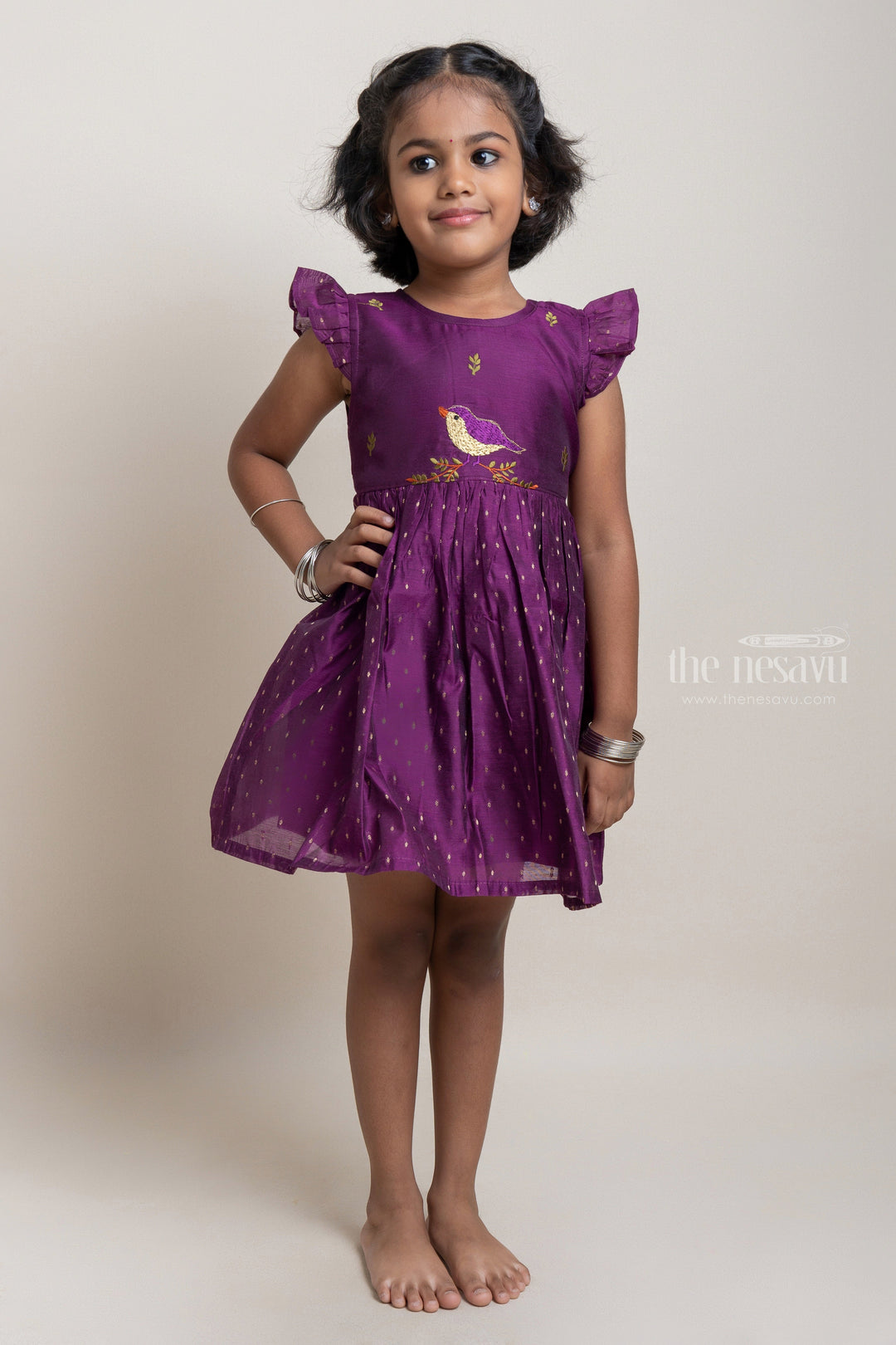 The Nesavu Girls Fancy Frock Fantastic Purple Bird Embroidered Casual Frock For Girls Nesavu 14 (6M) / Purple / Chanderi GFC1009B Gorgeous Girls Casual Cotton Frock | Latest Girls Wear Collection | The Nesavu