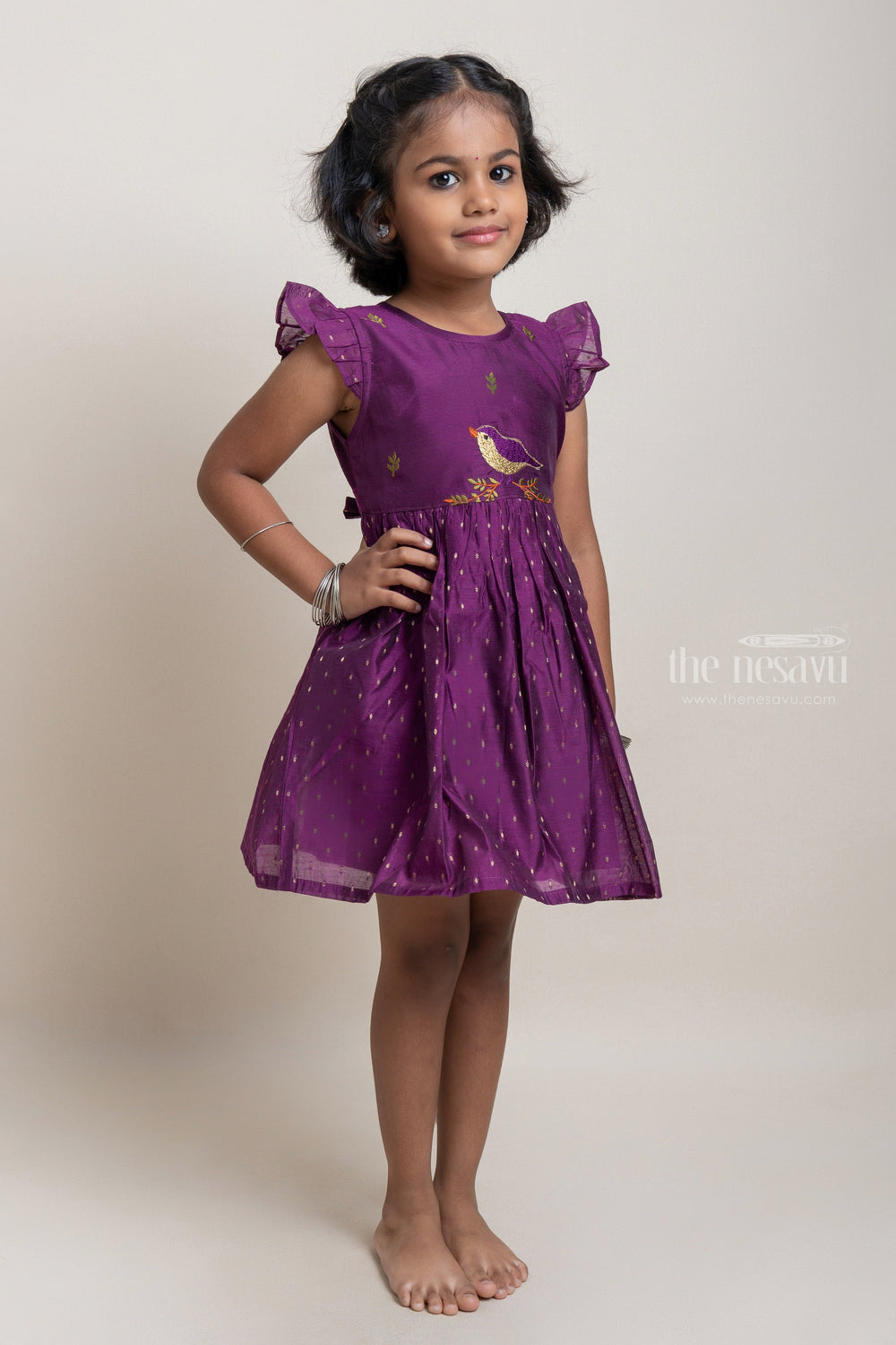 The Nesavu Girls Fancy Frock Fantastic Purple Bird Embroidered Casual Frock For Girls Nesavu Gorgeous Girls Casual Cotton Frock | Latest Girls Wear Collection | The Nesavu