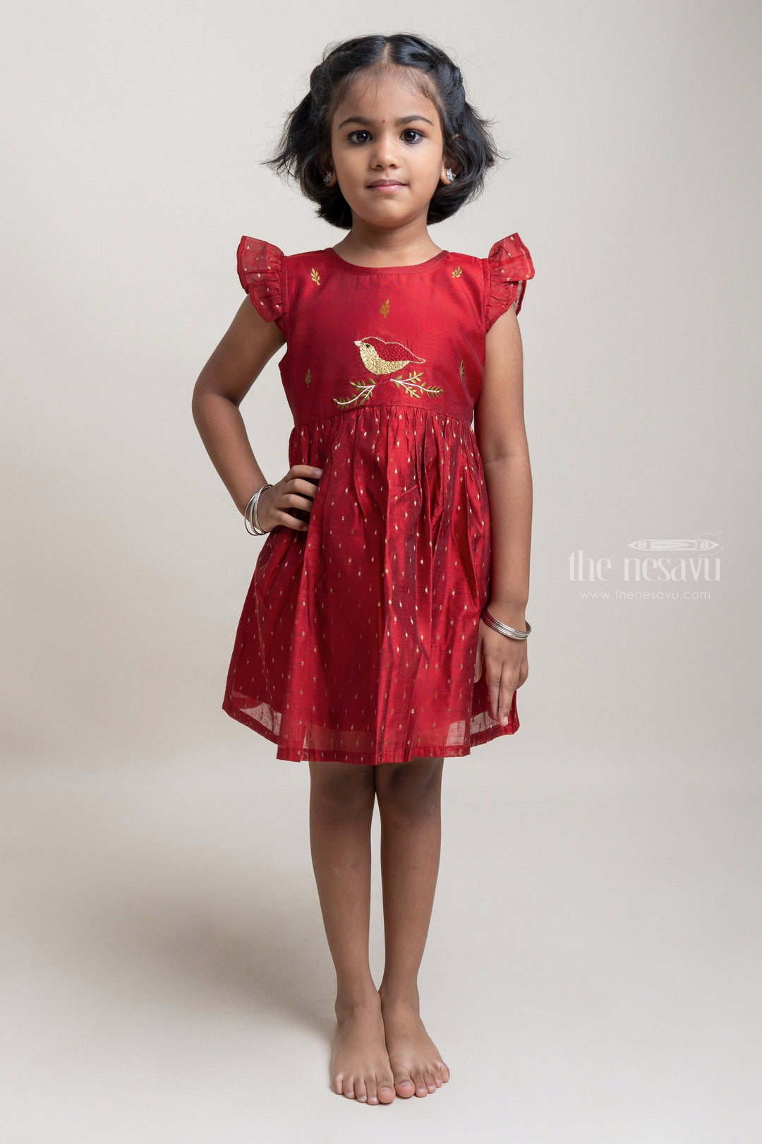 The Nesavu Girls Fancy Frock Fantastic Red Bird Embroidered Casual Frock For Girls Nesavu 22 (4Y) / Red / Chanderi GFC1009A Gorgeous Girls Casual Cotton Frock | Latest Girls Wear Collection | The Nesavu