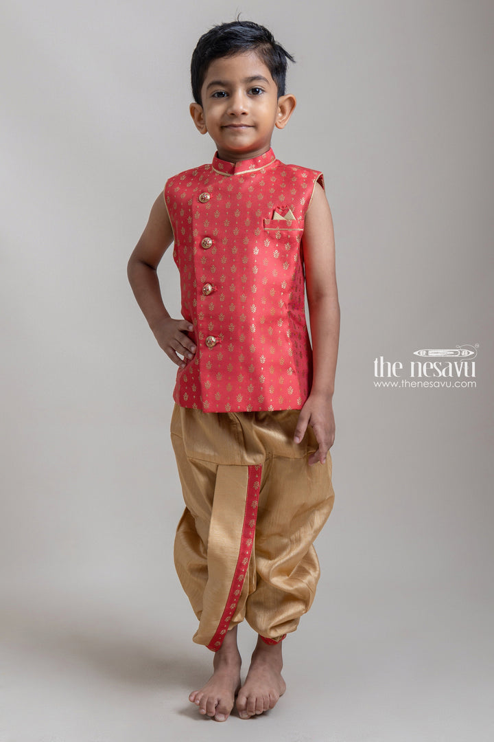 The Nesavu Boys Dothi Set Fantastic Red Butta Printed Sleeveless Cotton Ethnic Kurta With Beige Panchakacham For Boys Nesavu 14 (6M) / Red / Semi Silk BES199B-14 Premium Boys Kurta Set | Red Boys Kurta | The Nesavu