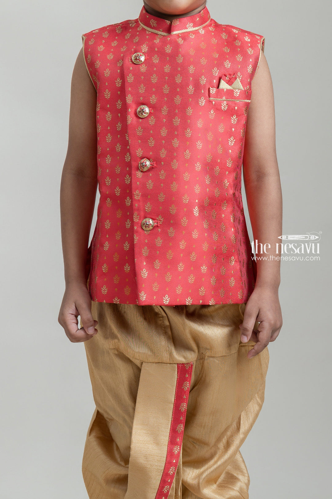 The Nesavu Boys Dothi Set Fantastic Red Butta Printed Sleeveless Cotton Ethnic Kurta With Beige Panchakacham For Boys Nesavu Premium Boys Kurta Set | Red Boys Kurta | The Nesavu