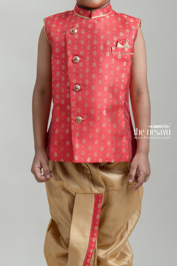 The Nesavu Boys Dothi Set Fantastic Red Butta Printed Sleeveless Cotton Ethnic Kurta With Beige Panchakacham For Boys Nesavu Premium Boys Kurta Set | Red Boys Kurta | The Nesavu