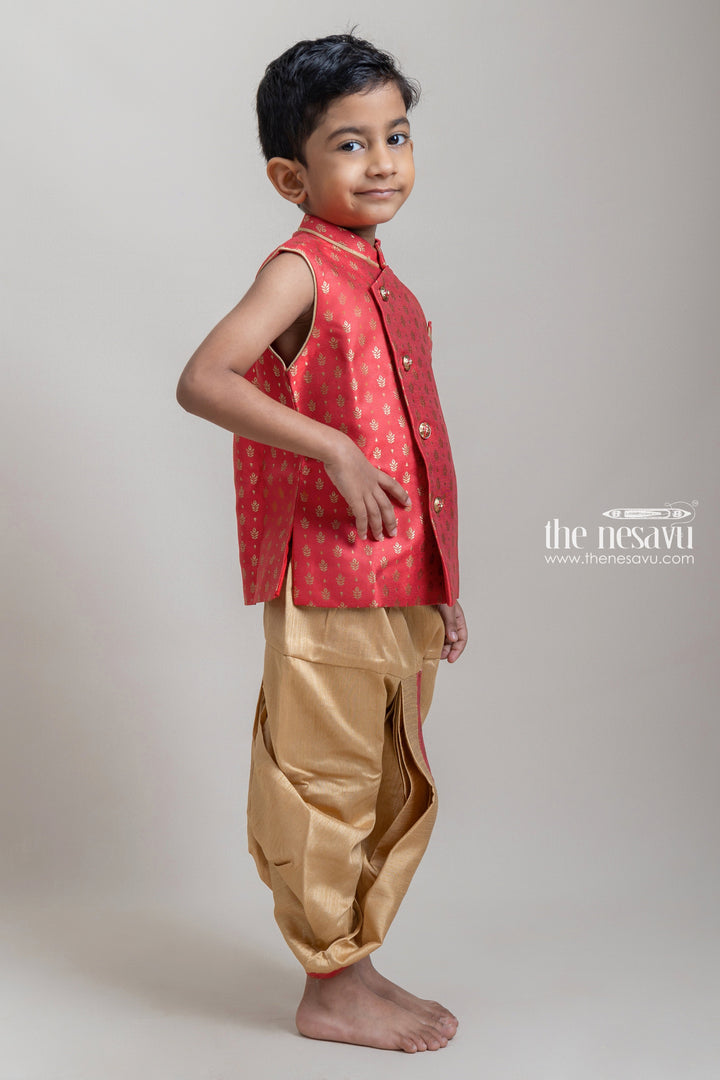 The Nesavu Boys Dothi Set Fantastic Red Butta Printed Sleeveless Cotton Ethnic Kurta With Beige Panchakacham For Boys Nesavu Premium Boys Kurta Set | Red Boys Kurta | The Nesavu