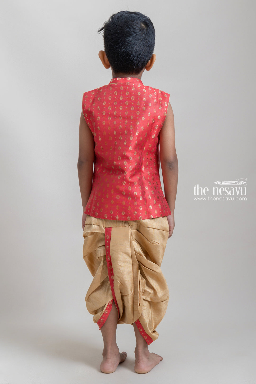 The Nesavu Boys Dothi Set Fantastic Red Butta Printed Sleeveless Cotton Ethnic Kurta With Beige Panchakacham For Boys Nesavu Premium Boys Kurta Set | Red Boys Kurta | The Nesavu