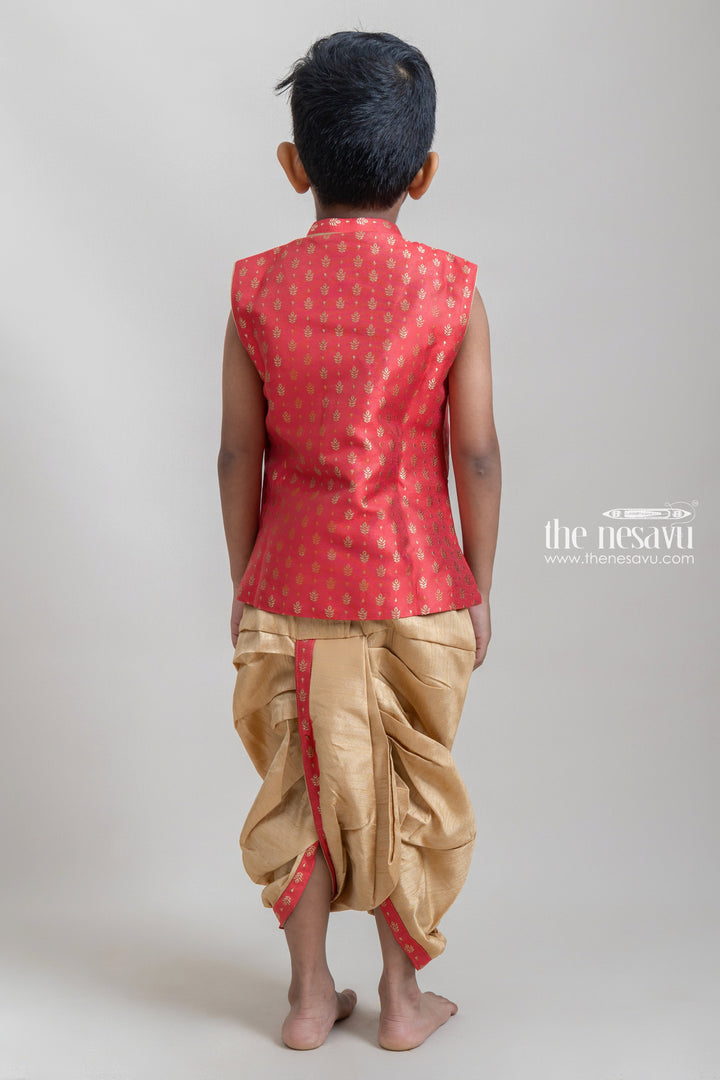 The Nesavu Boys Dothi Set Fantastic Red Butta Printed Sleeveless Cotton Ethnic Kurta With Beige Panchakacham For Boys Nesavu Premium Boys Kurta Set | Red Boys Kurta | The Nesavu