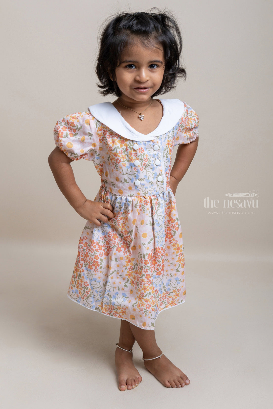 The Nesavu Girls Fancy Frock Fantastic Yellow Floral Allover Printed Cotton Frock For Girls Nesavu 18 (2Y) / Orange / Rayon GFC1017A Trendy Floral Printed Frocks Online | New Arrivals | The Nesavu