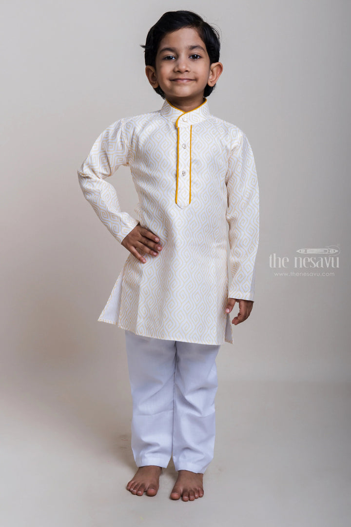 The Nesavu Boys Kurtha Set Fantastic Yellow Printed Kurta With Adjustable White Cotton Pants For Boys Nesavu 16 (1Y) / Yellow / Silk Blend BES255B-16 Best Ethnic Wear Collection For Boys| Trendy Designs| The Nesavu