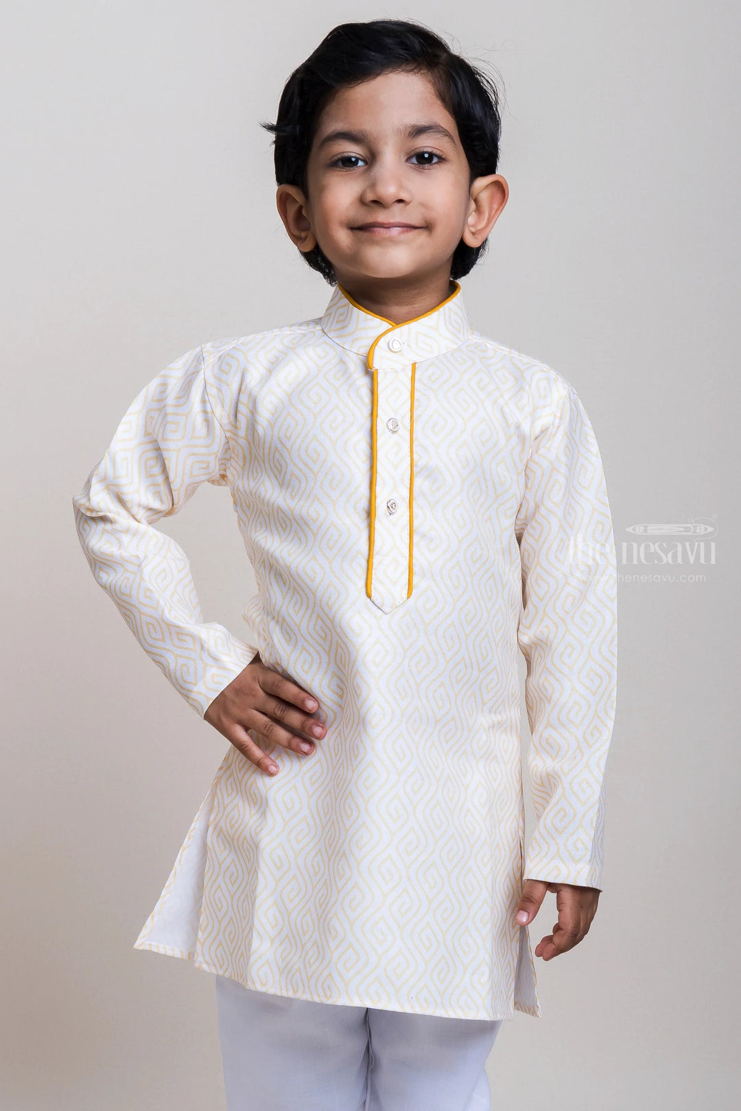 The Nesavu Boys Kurtha Set Fantastic Yellow Printed Kurta With Adjustable White Cotton Pants For Boys Nesavu Best Ethnic Wear Collection For Boys| Trendy Designs| The Nesavu