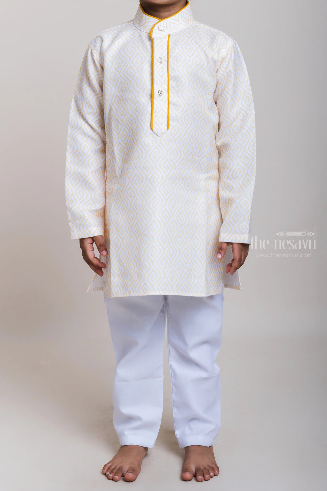 The Nesavu Boys Kurtha Set Fantastic Yellow Printed Kurta With Adjustable White Cotton Pants For Boys Nesavu Best Ethnic Wear Collection For Boys| Trendy Designs| The Nesavu