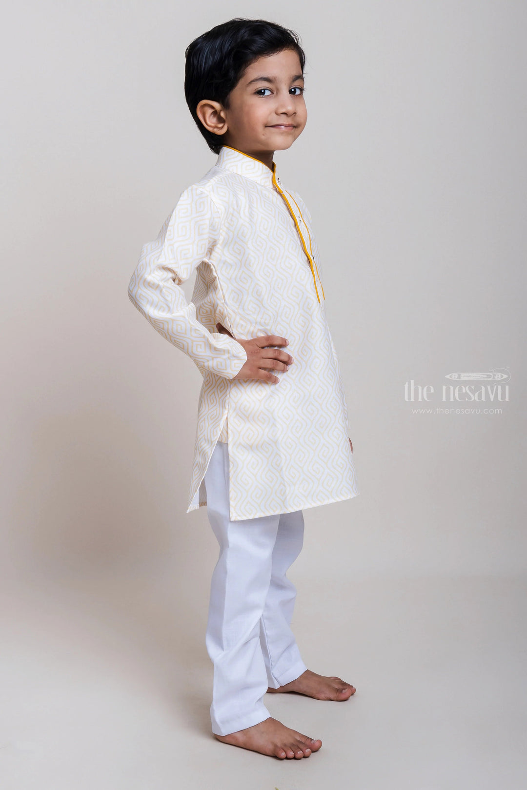 The Nesavu Boys Kurtha Set Fantastic Yellow Printed Kurta With Adjustable White Cotton Pants For Boys Nesavu Best Ethnic Wear Collection For Boys| Trendy Designs| The Nesavu