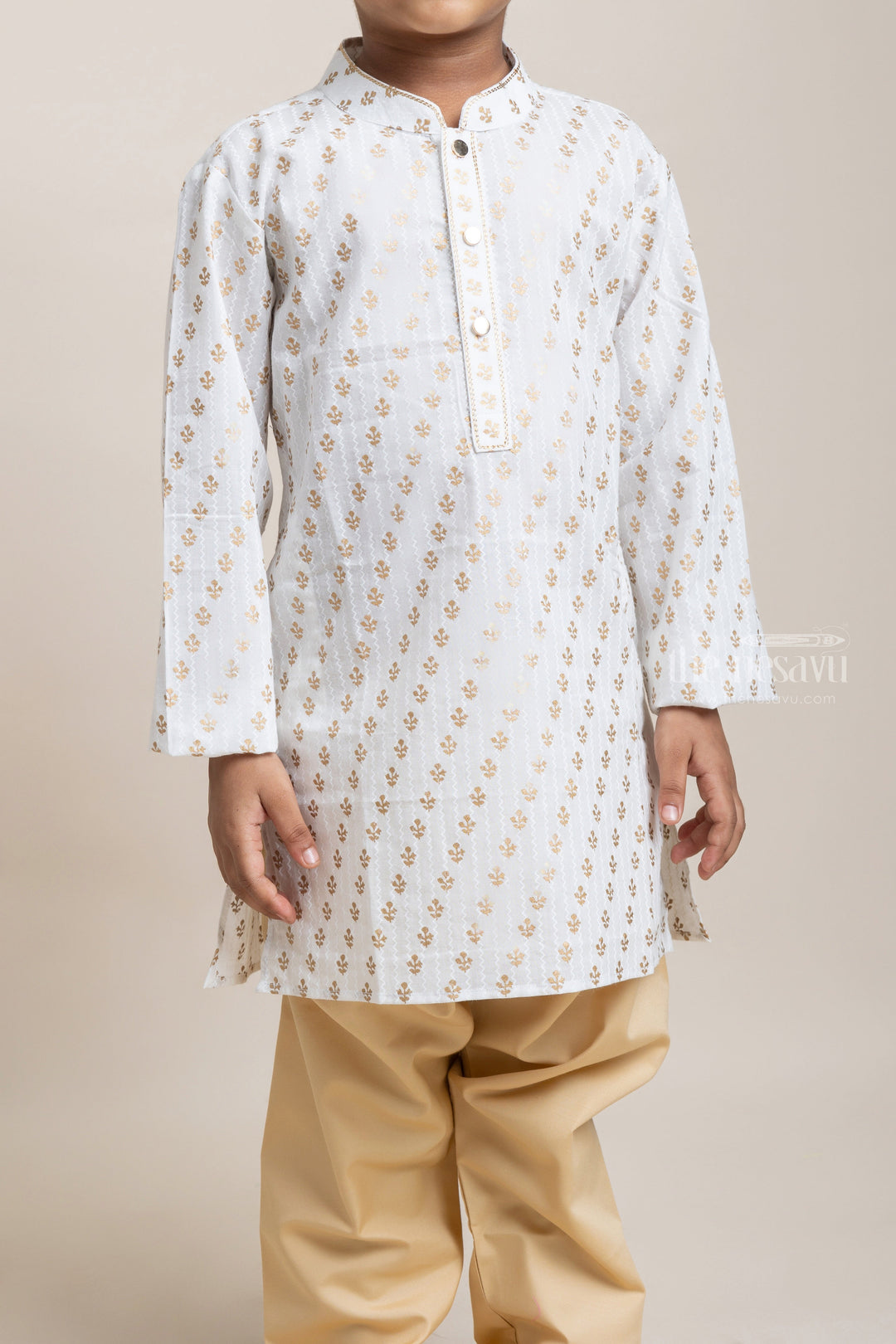 The Nesavu Boys Kurtha Set Fashionable Butta printed White Kurta With Contrast Pant For Little Boys Nesavu Fashionable Ethnic Wear For Boys | Latest Kurta Collection | The Nesavu