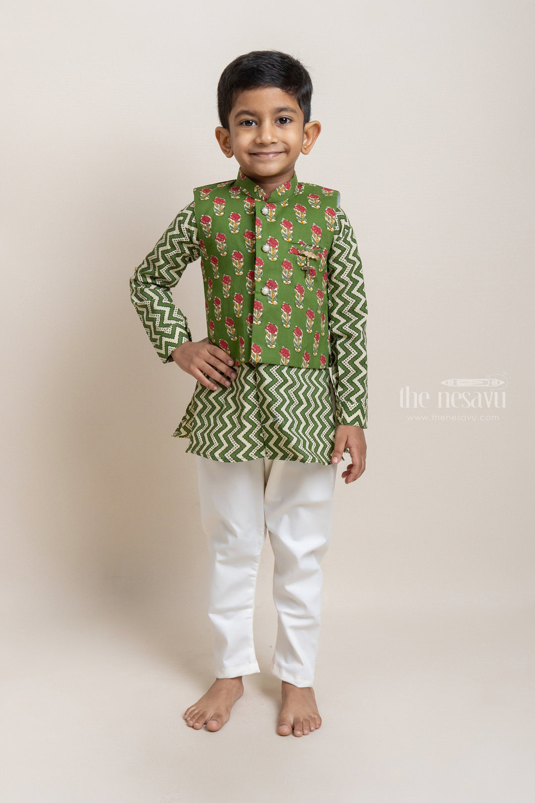 The Nesavu Boys Jacket Sets Fashionable Green Zig-Zag Printed Kurta Set With Overjacket For Boys Nesavu 12 (3M) / Green / Cotton BES289A-12 Festive Wear Collection For Boys | Premium kurta Set | The Nesavu