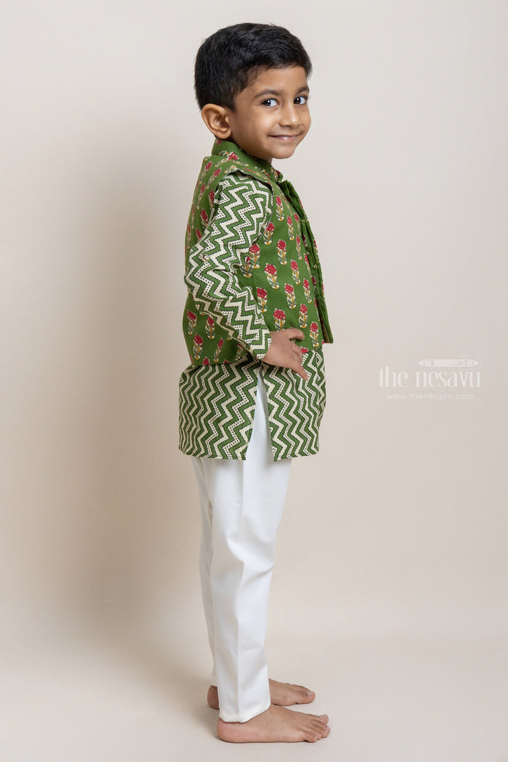The Nesavu Boys Jacket Sets Fashionable Green Zig-Zag Printed Kurta Set With Overjacket For Boys Nesavu Festive Wear Collection For Boys | Premium kurta Set | The Nesavu